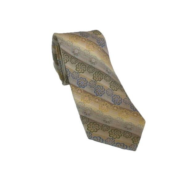 Emilio Ponti Roma Milano Mens Silk Striped Floral Tie, Gold Blue Green Tan, 61" - Picture 2 of 9